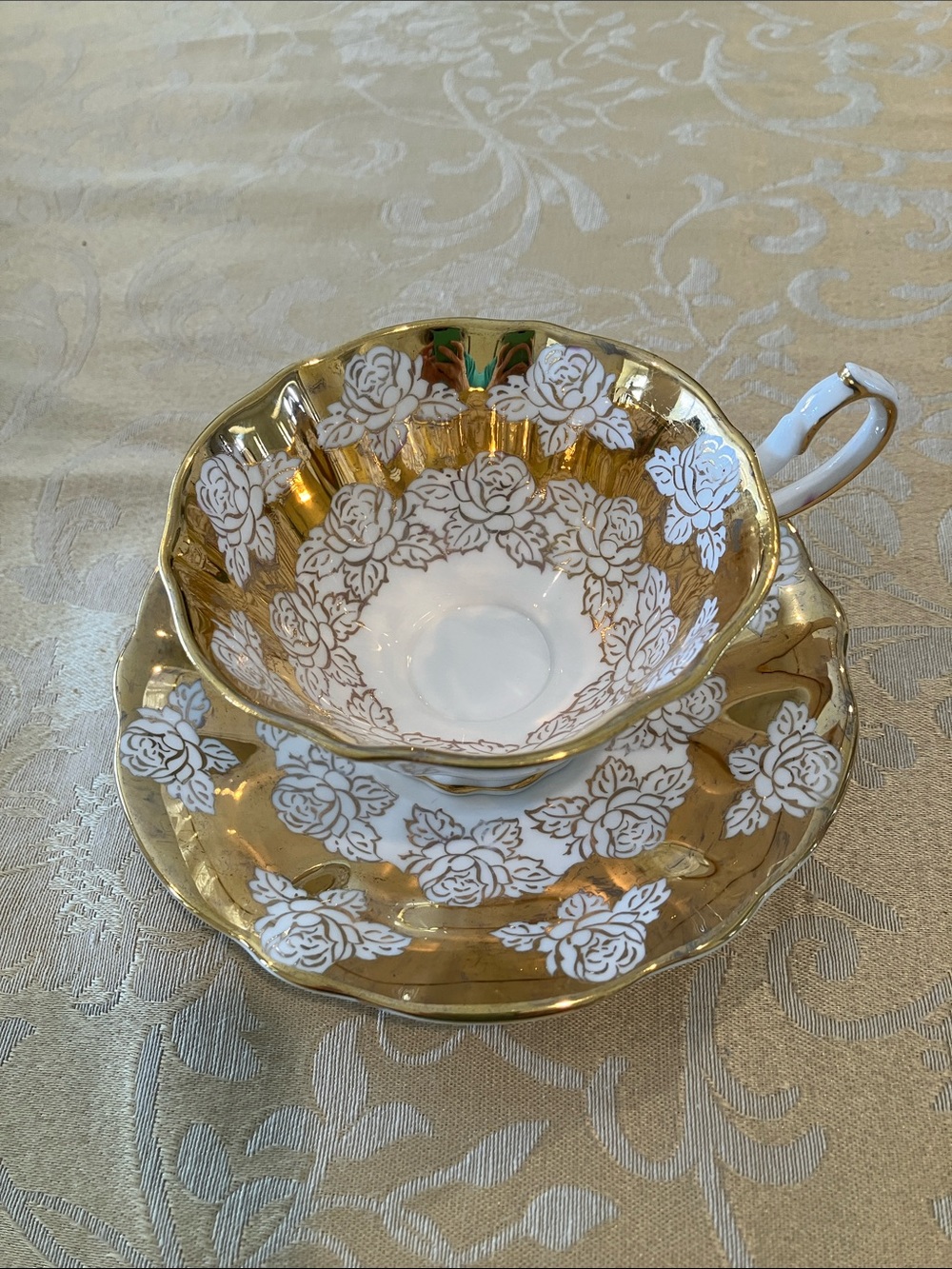 Vintage Queen Anne bone china Gold Roses tea cup & saucer, gold lustre floral